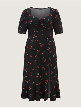 BloomChic Black Cherry-Print Ruched Midi Dress
